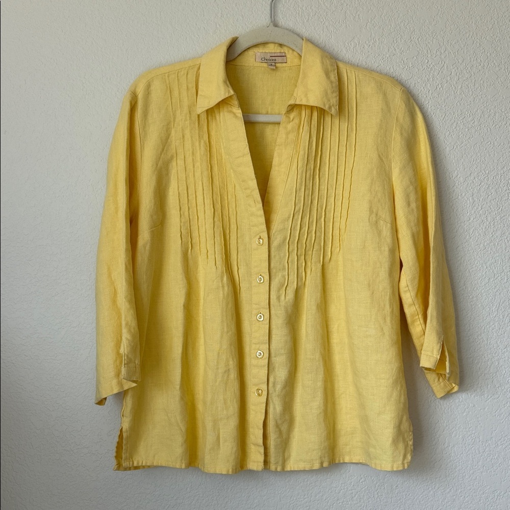 Choices Yellow Linen Pintuck Button Down Blouse 3/4 Sleeve Missing Button